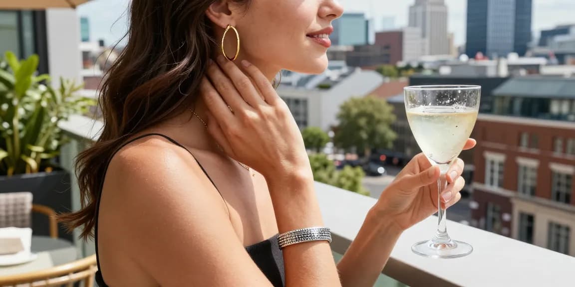 Beautiful woman wearing british handmade jewellery, including gold hoop earrings, against a sunny city backdrop.