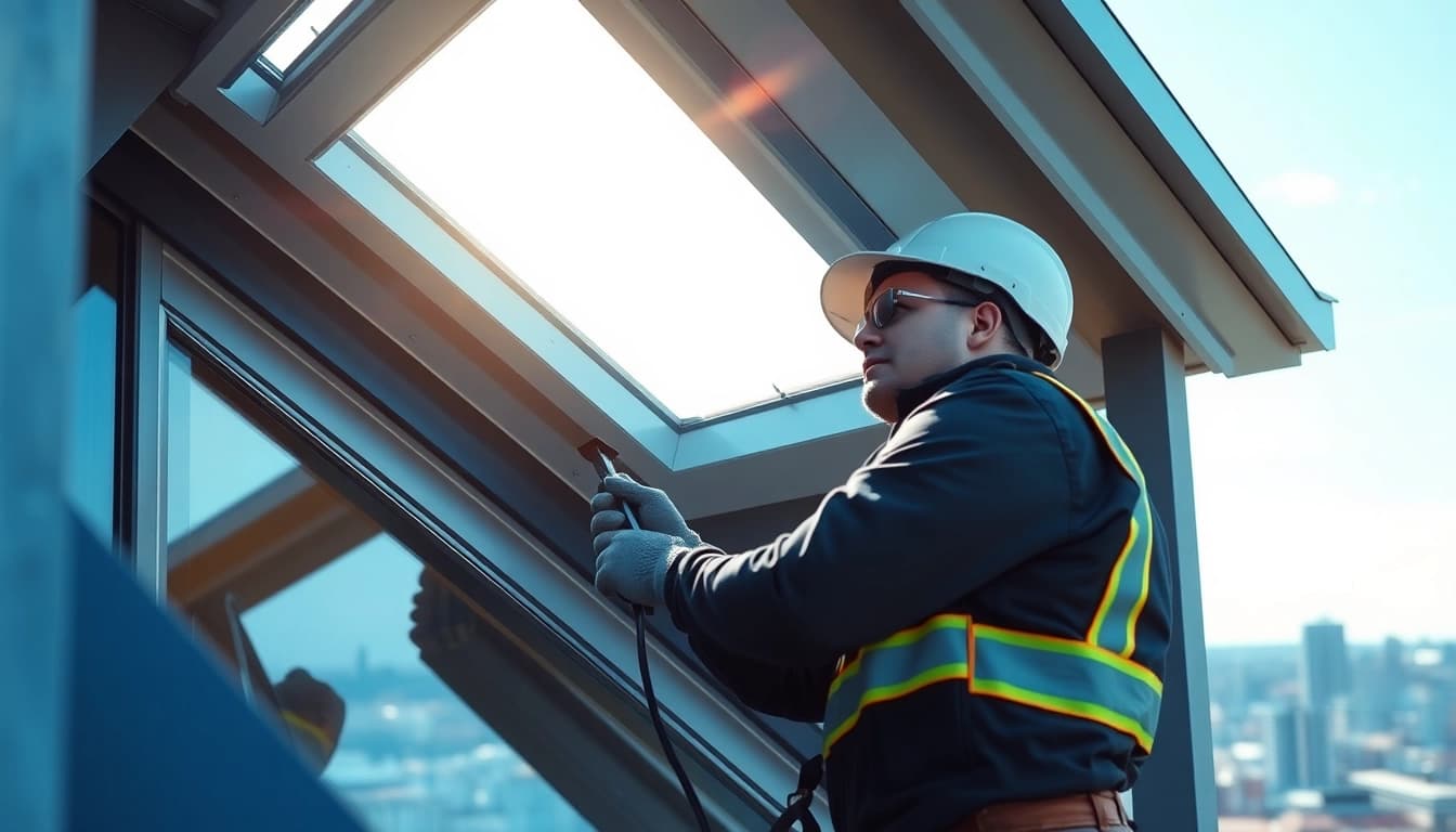 Expert Velux repairs being conducted by a professional technician on a bright, sunny day.