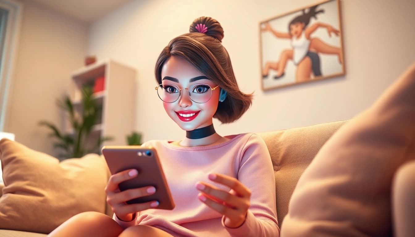AI girlfriend engaging in a virtual chat in a cozy living room, showcasing modern companionship.