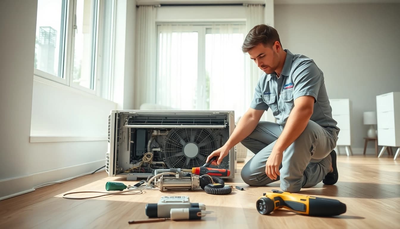 Expert performing AC Repair Tampa service in a modern home setting, showcasing professionalism and precision.
