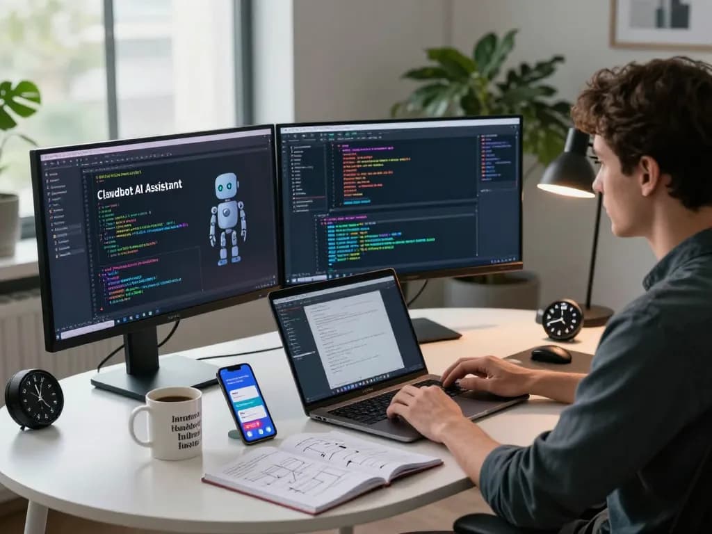 Developer coding clawdbot AI assistant on dual monitors in a modern tech workspace.