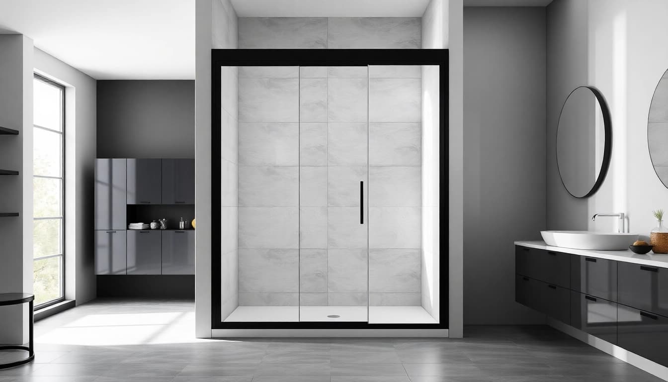 Showcase of black shower door featuring sleek glass design in a stylish modern bathroom setting.