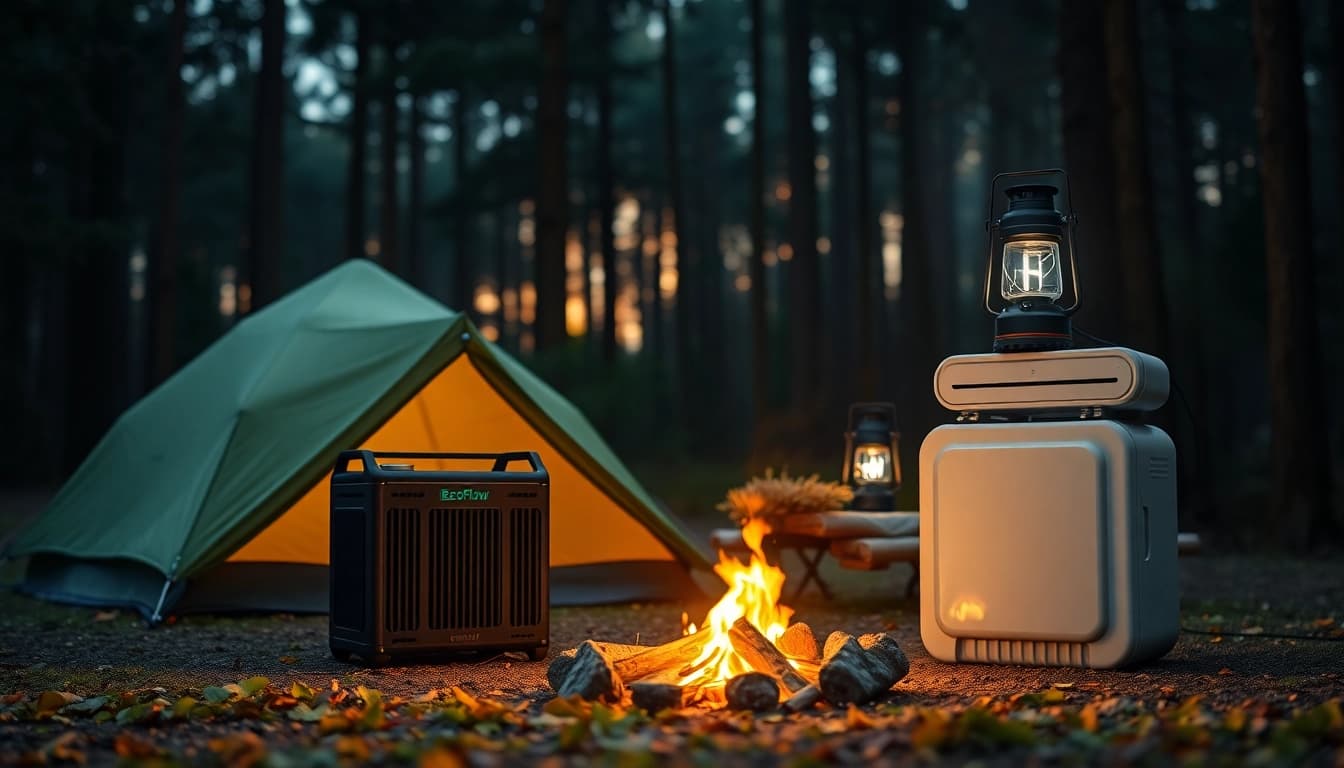 Activate EcoFlow with a power station energizing camping equipment amidst a tranquil forest.