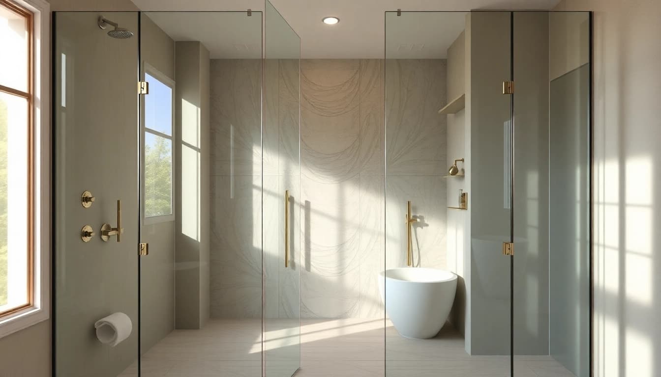Stylish bathroom featuring elegant shower doors with sleek designs and natural lighting.
