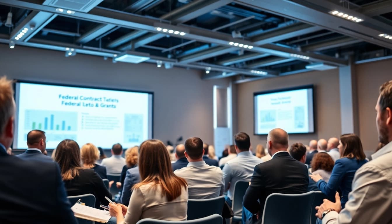 Engaged audience at a conference discussing Federal and State contracts and grants with busy professionals.