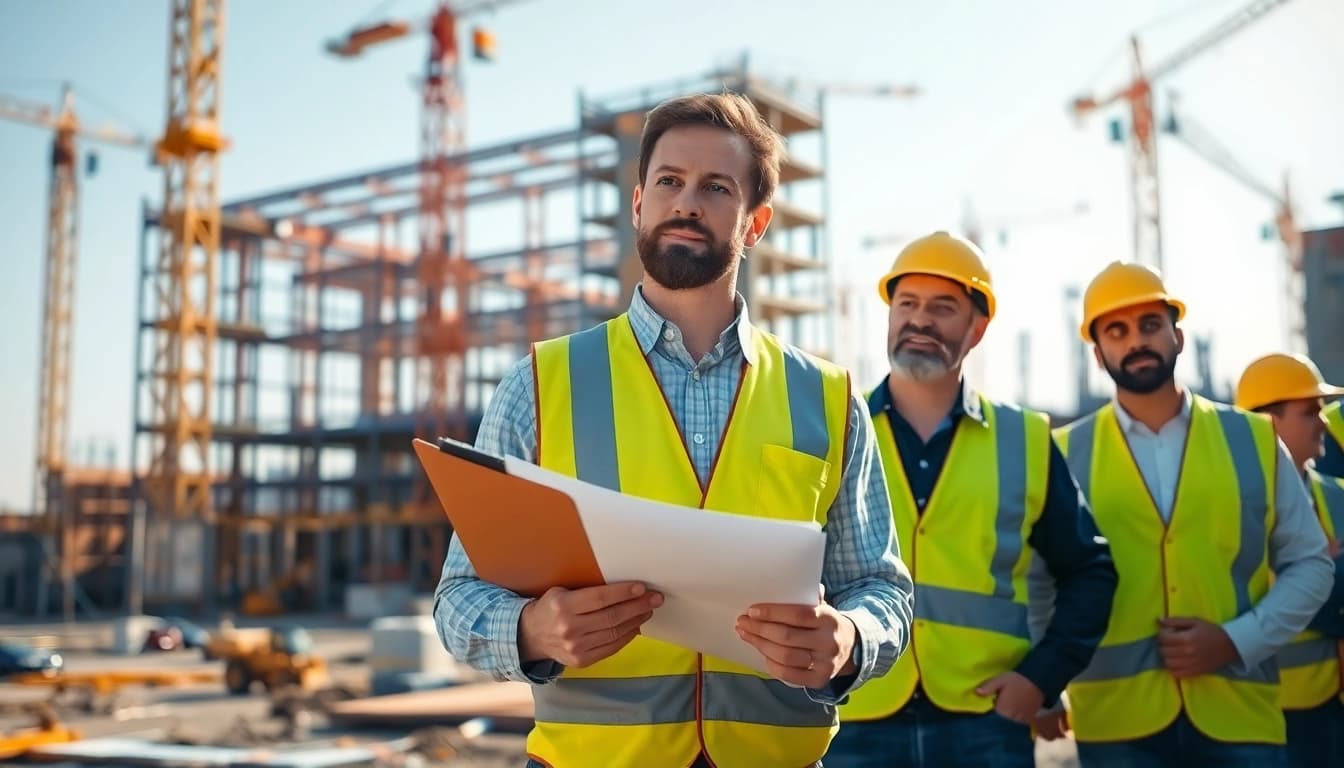 New Jersey Construction Manager leading a construction team on-site with cranes and building in the background.
