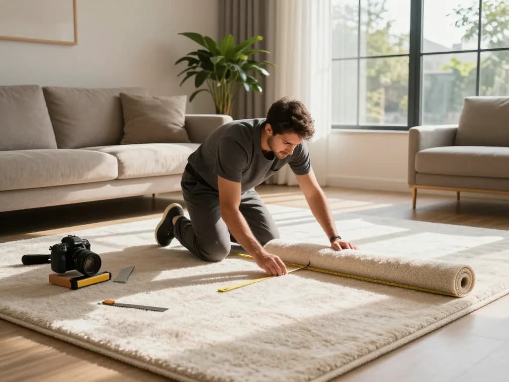 Professional carpet fitters near me installing plush carpet in a beautifully designed living room.