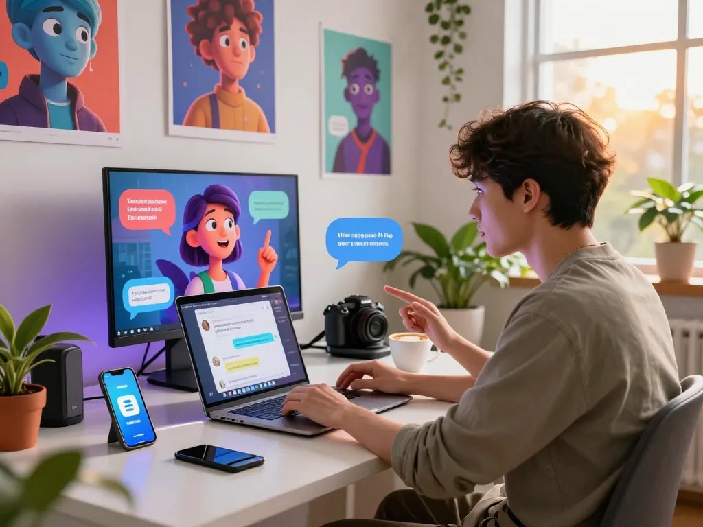 Engaging user chatting with a personality-filled spicy AI character at a modern desk in a vibrant setting.