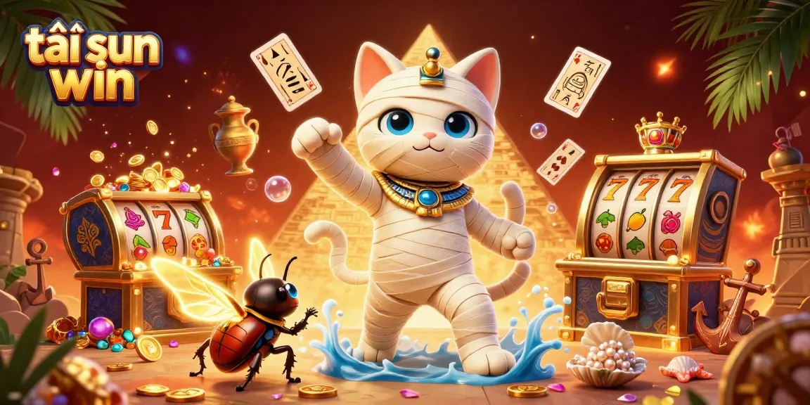 Experience thrilling gameplay with tải sun win in a vibrant 3D casino illustration showcasing a mummy cat and treasures
