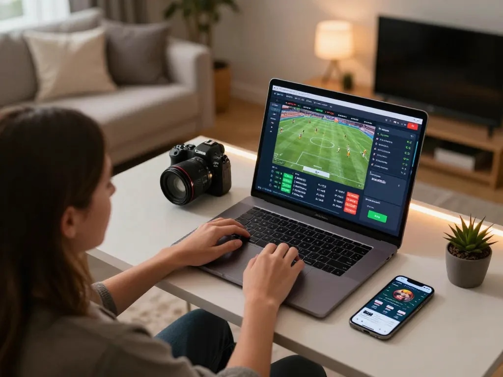 Person engaging in online sports betting on Sky88 platform using laptop and mobile device in a cozy home setting