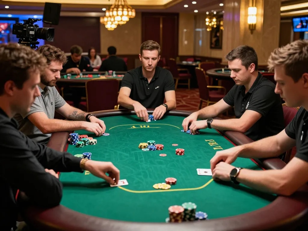 An exciting poker game scene at https://nk88net.com/ with players strategizing bets and vibrant casino decor.