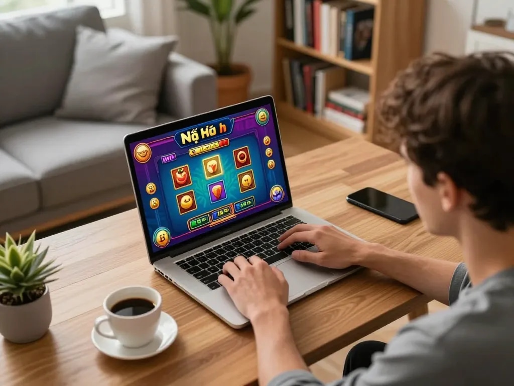 Nổ hũ gaming session in a cozy home office with a laptop, showing strategic gameplay.
