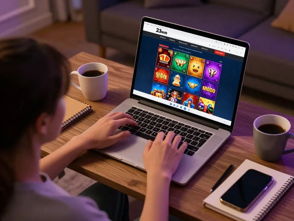 Engaging with the 23win online casino environment, enjoying gameplay on a laptop.