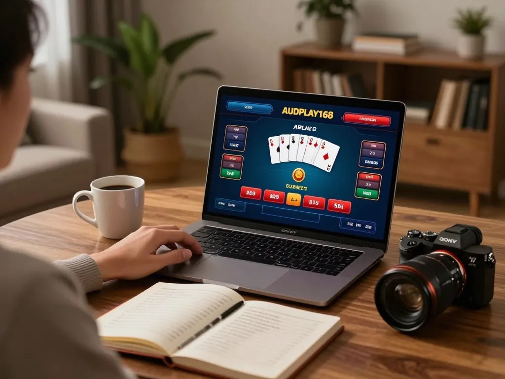 Playing audplay168 poker on a laptop at home, showcasing strategic gameplay and cozy atmosphere.