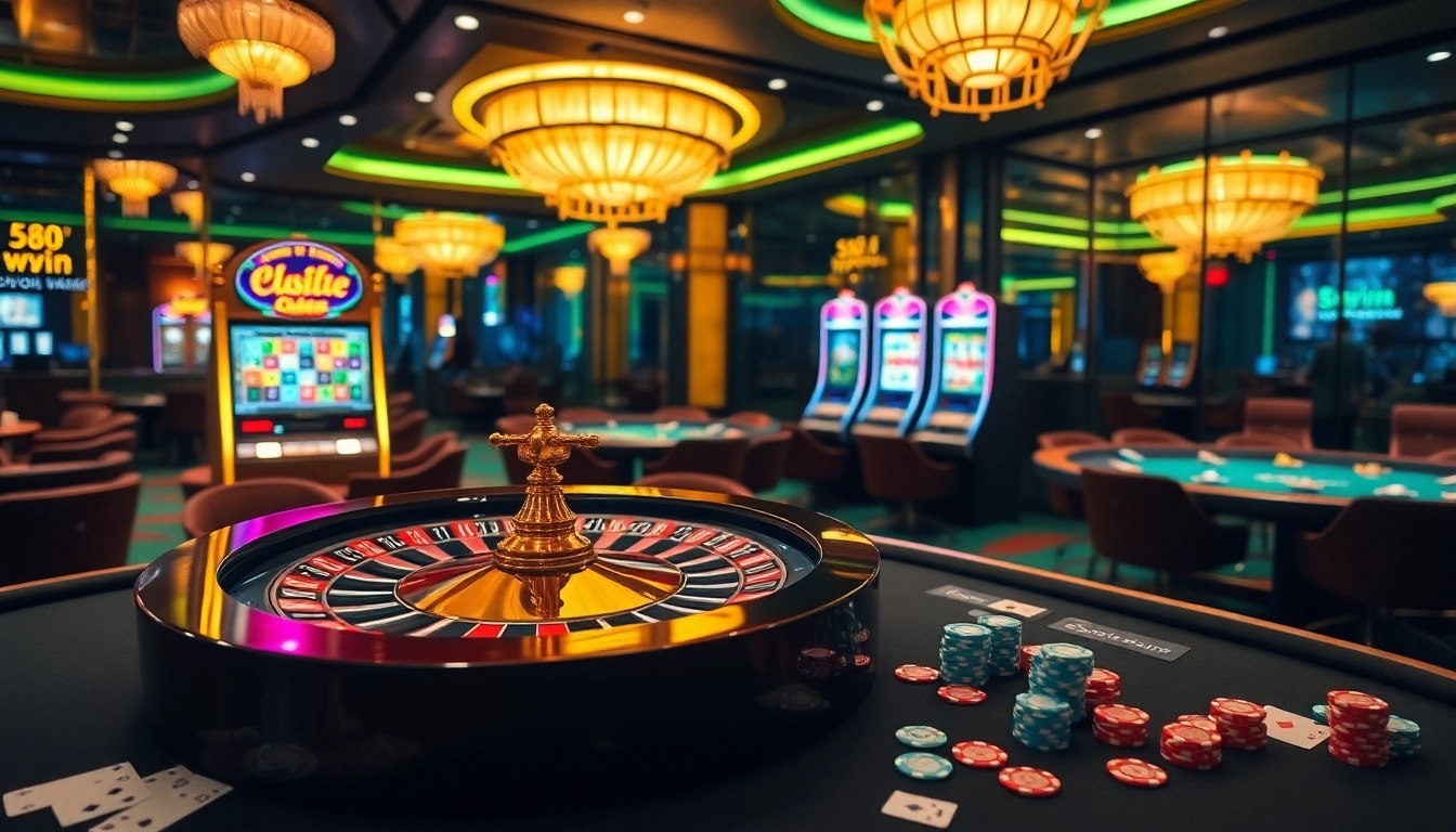 Experience the excitement of 58vin at a lavish casino with roulette and poker games.