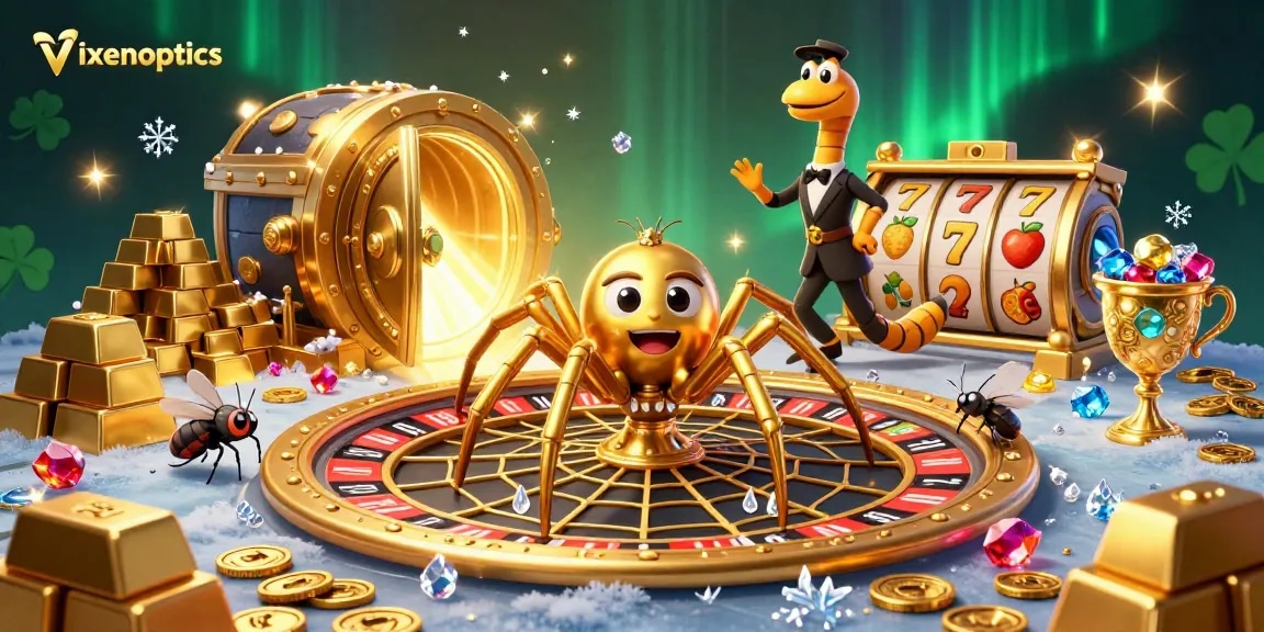 Vixenoptics showcases a golden spider spinning a roulette-themed web in a lively casino scene.