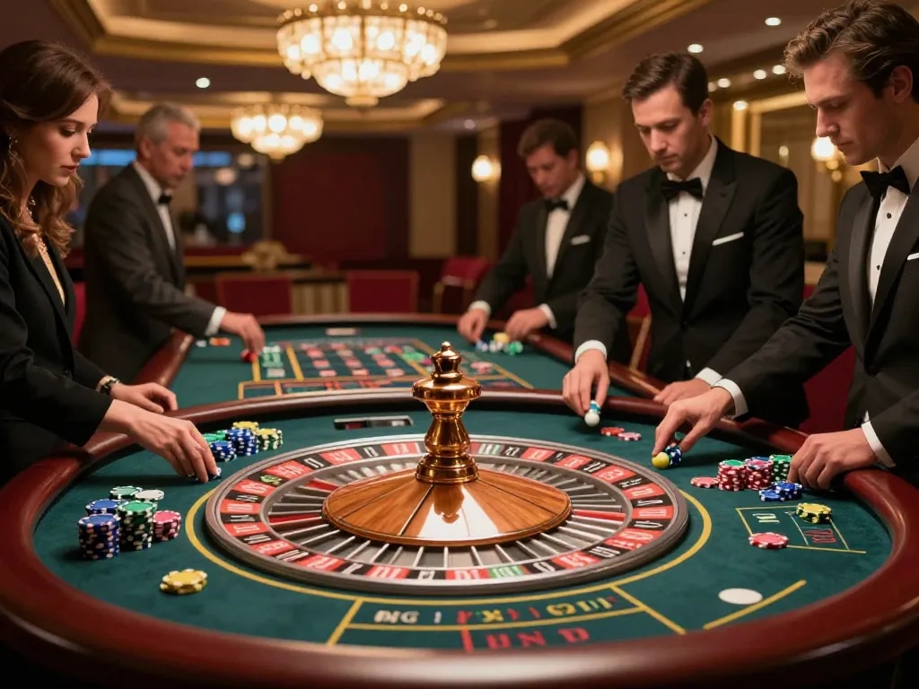 Crown88 roulette game in high-stakes action with players placing bets and an elegantly spinning wheel.
