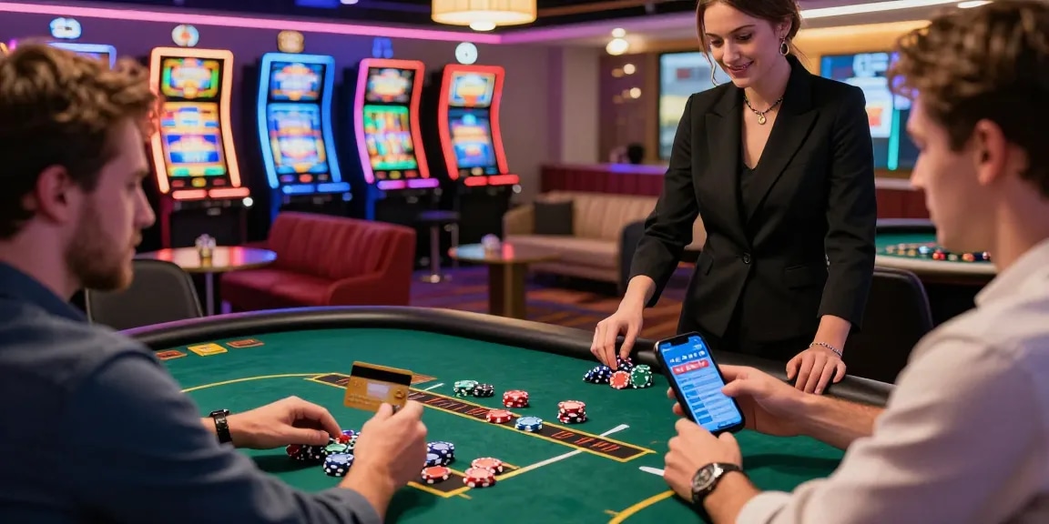 Engaging scene at credit card casinos with players enjoying vibrant online gaming.