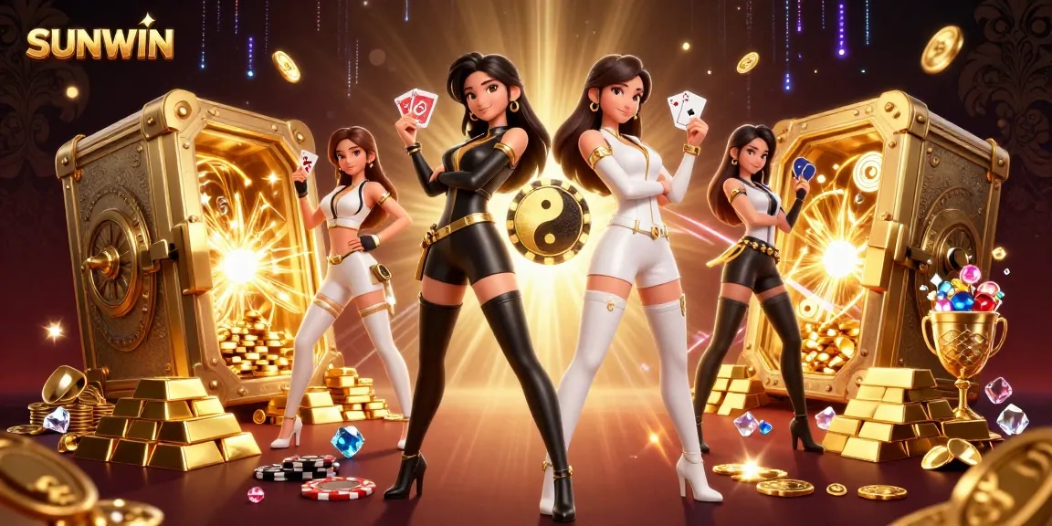 Experience thrilling wins with SUNWIN gaming, featuring Asian women holding playing cards amidst a dazzling casino backdrop.