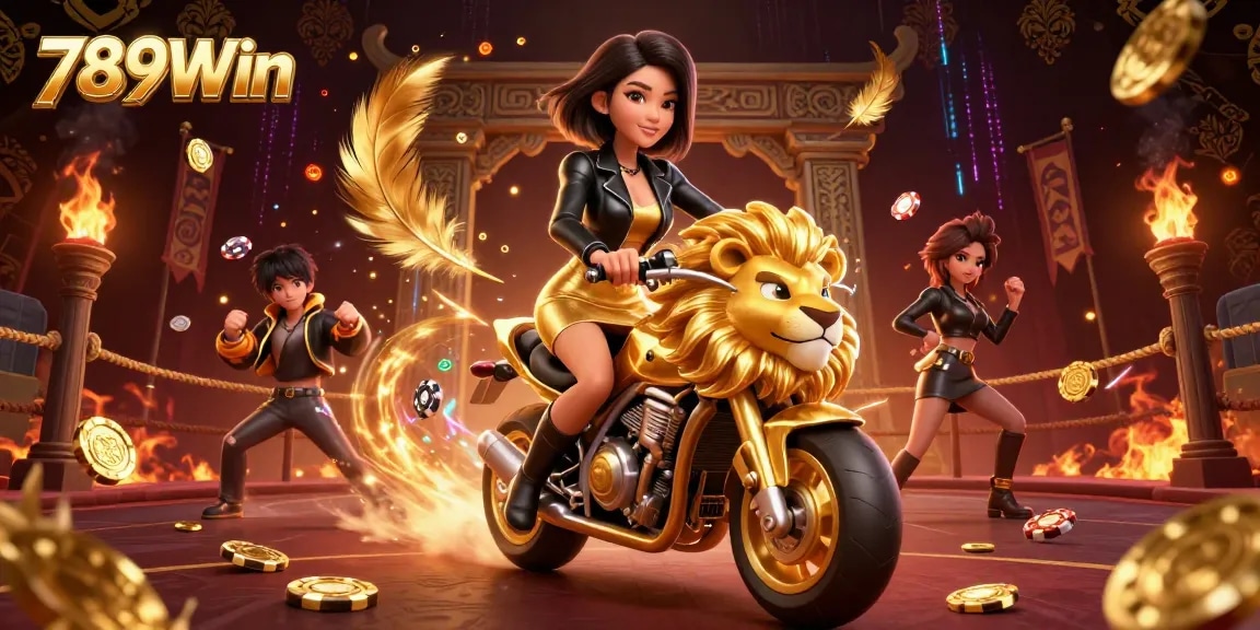 Engage in thrilling gameplay at 789Win with vibrant casino action featuring a glamorous character on a golden lion.