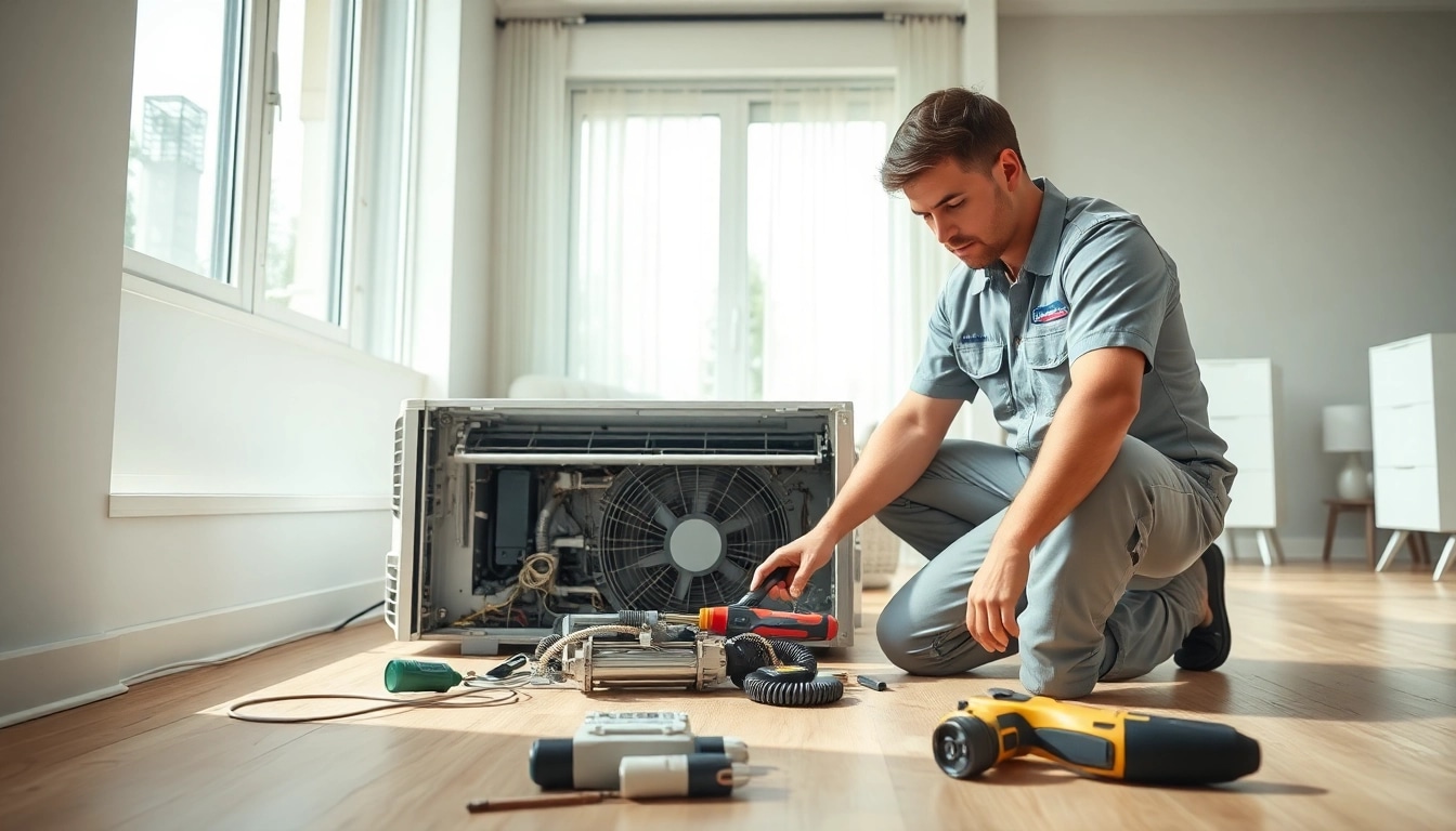 Expert performing AC Repair Tampa service in a modern home setting, showcasing professionalism and precision.