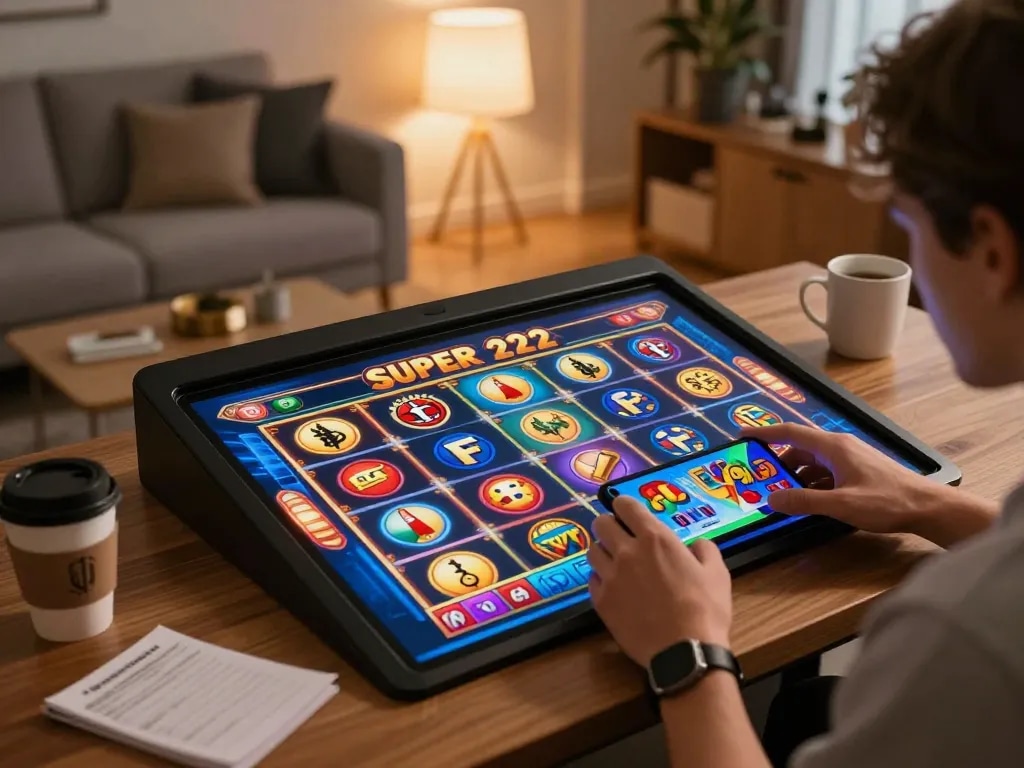 Engaging in Super 222 mobile slots from a cozy home gaming setup with vibrant visuals