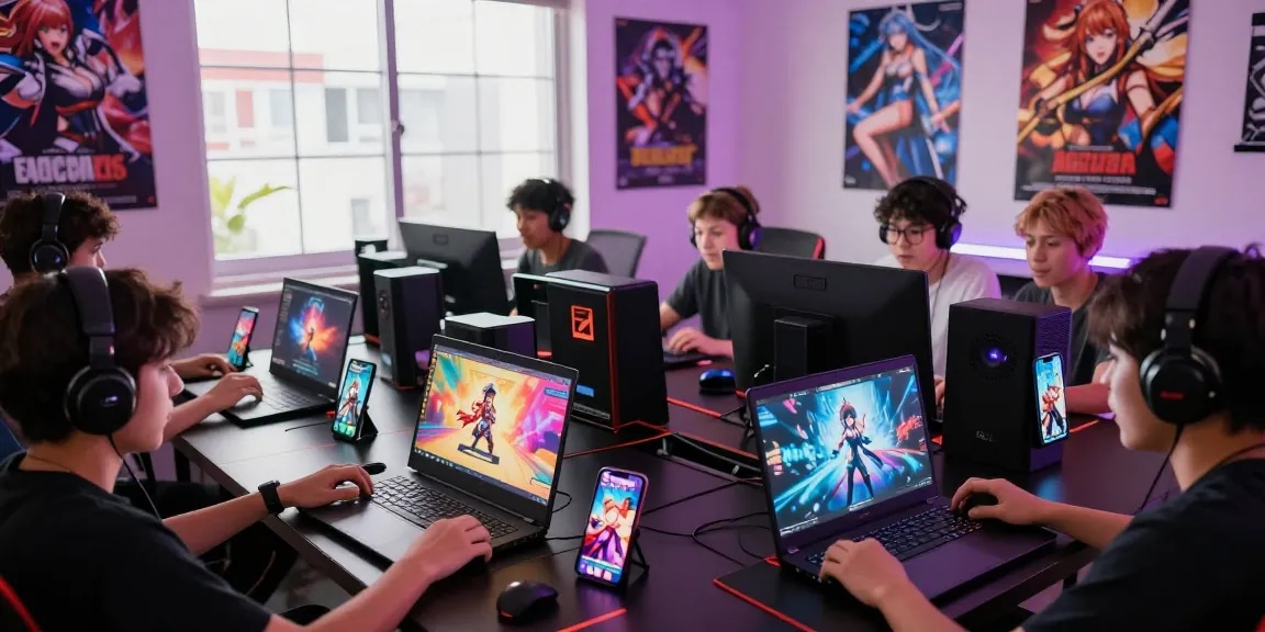 Players enjoying online hentai games on multiple devices in a lively gaming environment.