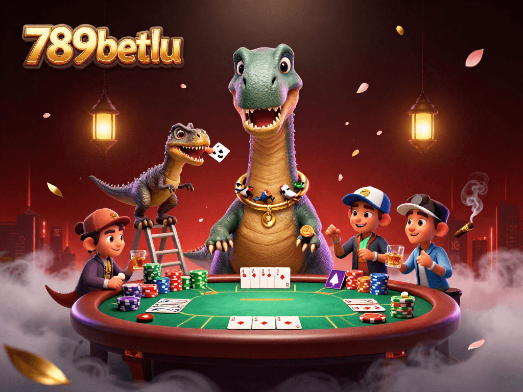 Engage in fun poker gameplay with 789betlu's lively cartoon characters in a dynamic casino scene.