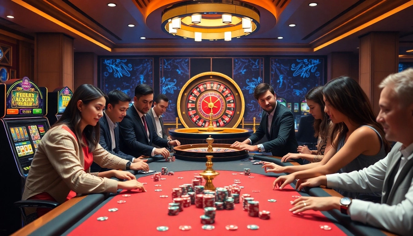 Gamblers enjoying an exciting AXX88 experience with colorful casino tables and slot machines.