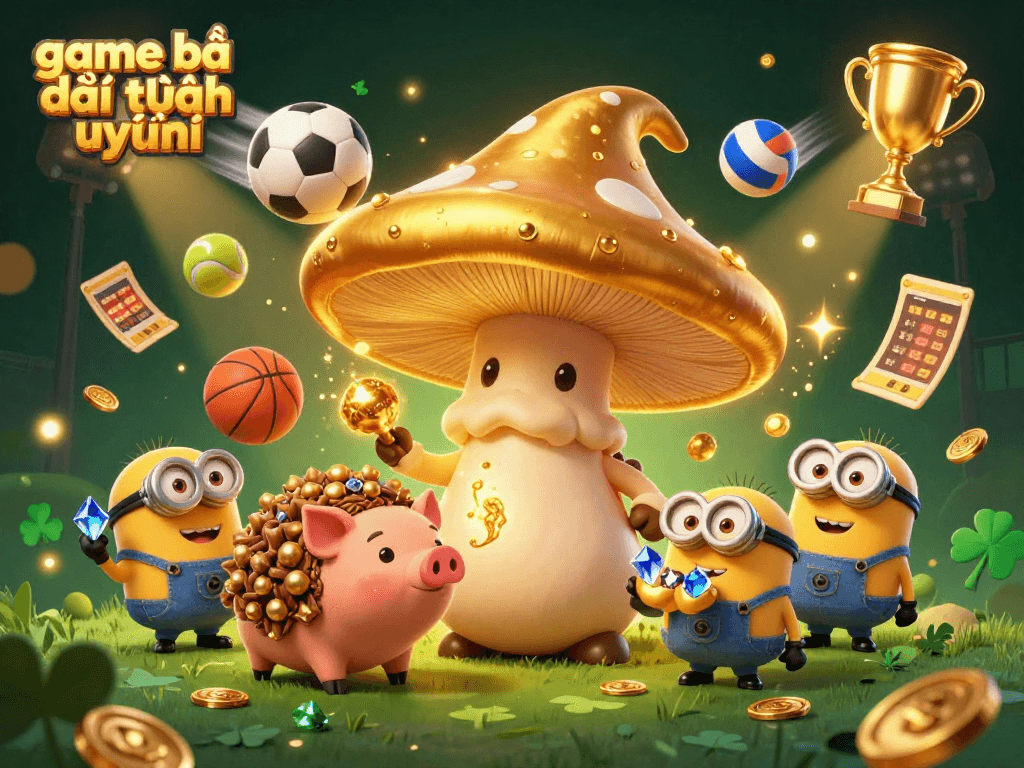 Experience the excitement of game bài đổi thưởng uy tín with a magical casino scene featuring golden characters and dynamic sports elements.