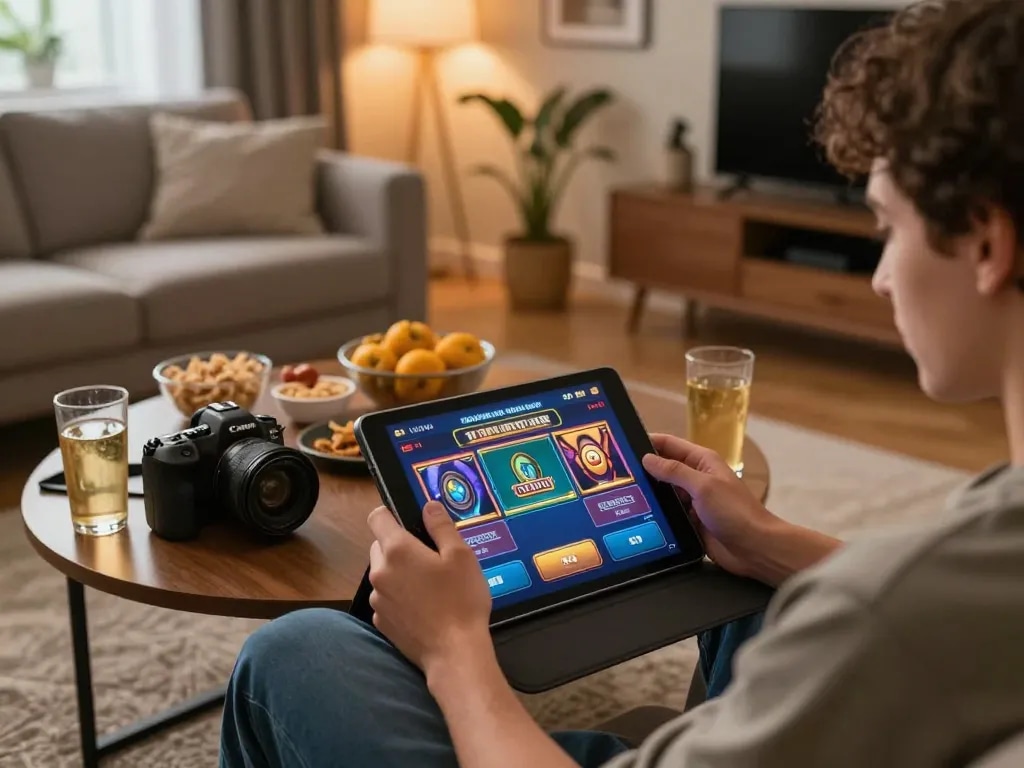 Engaging in link free credit slot malaysia gaming on a tablet in a cozy home environment.