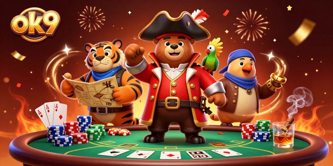 Engage with ok9's exciting poker showdown featuring a bear captain, tiger, and treasure map.