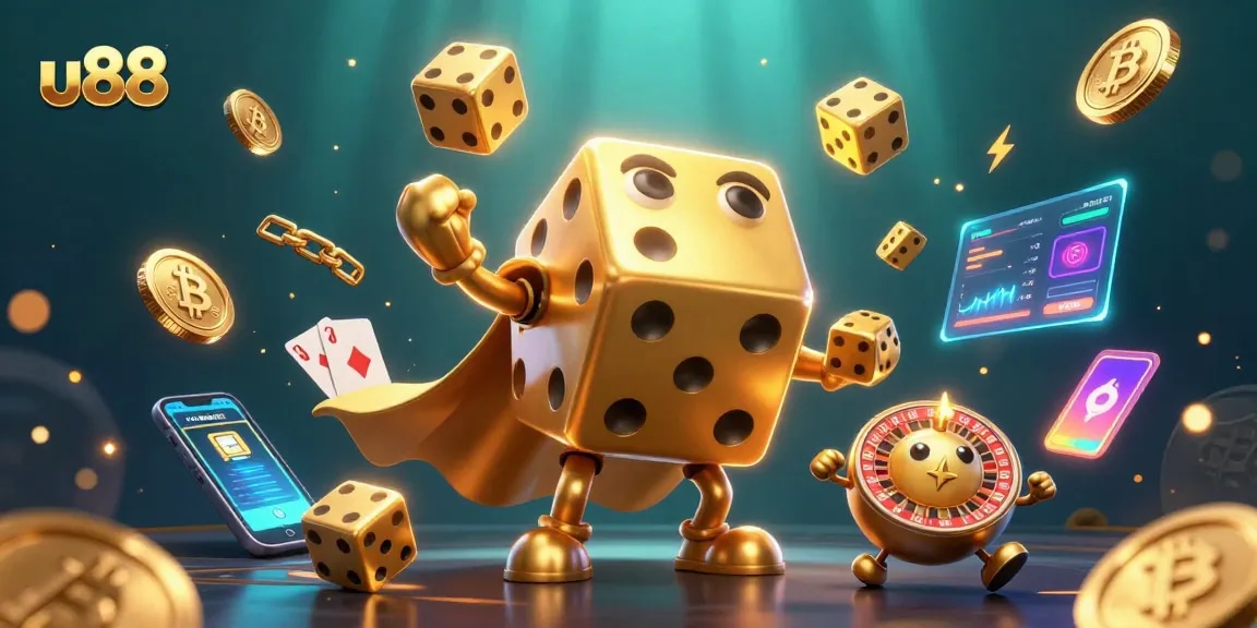 Engage with u88's vibrant 3D casino scene featuring golden dice and crypto elements.