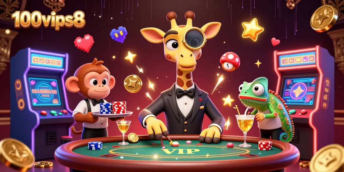 Engage in high-stakes gaming at 100vips8 with colorful characters in a vibrant casino scene.