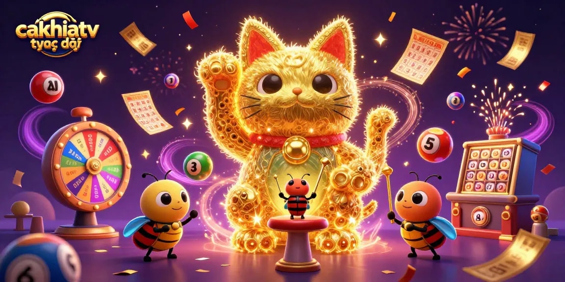 Experience cakhiatv trực tiếp with dynamic lottery fun featuring colorful balls and a lucky cat.