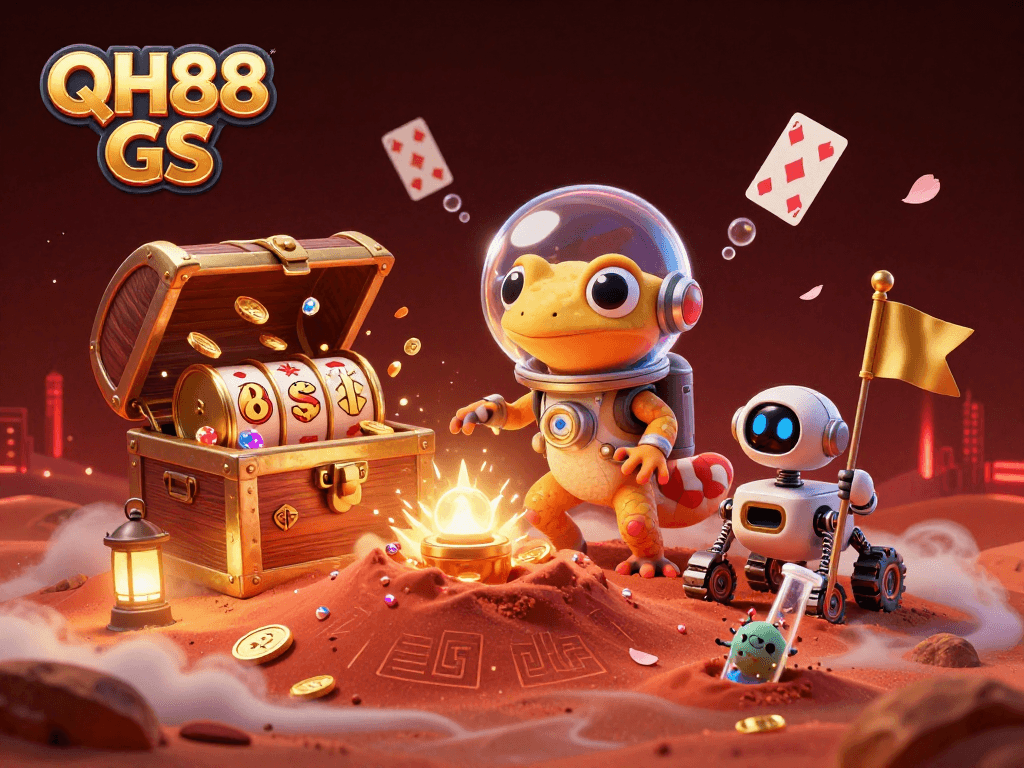 Engage in thrilling slots gameplay at QH88 GS with a Martian gecko discovering a golden casino
