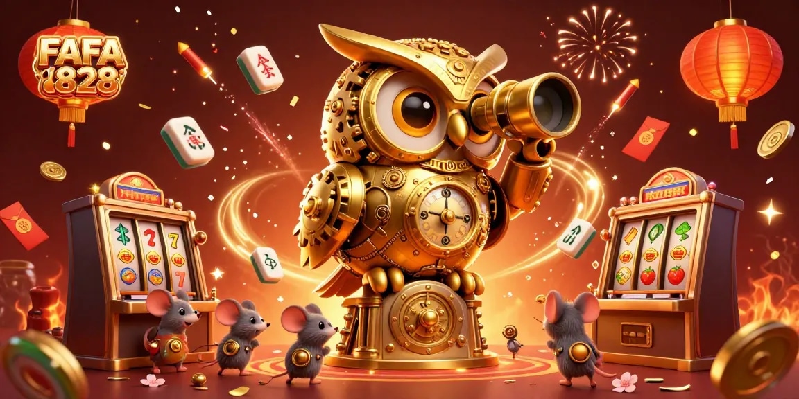 FAFA828 presents a festive and dynamic casino scene with an owl observing players amid vibrant slot machines.