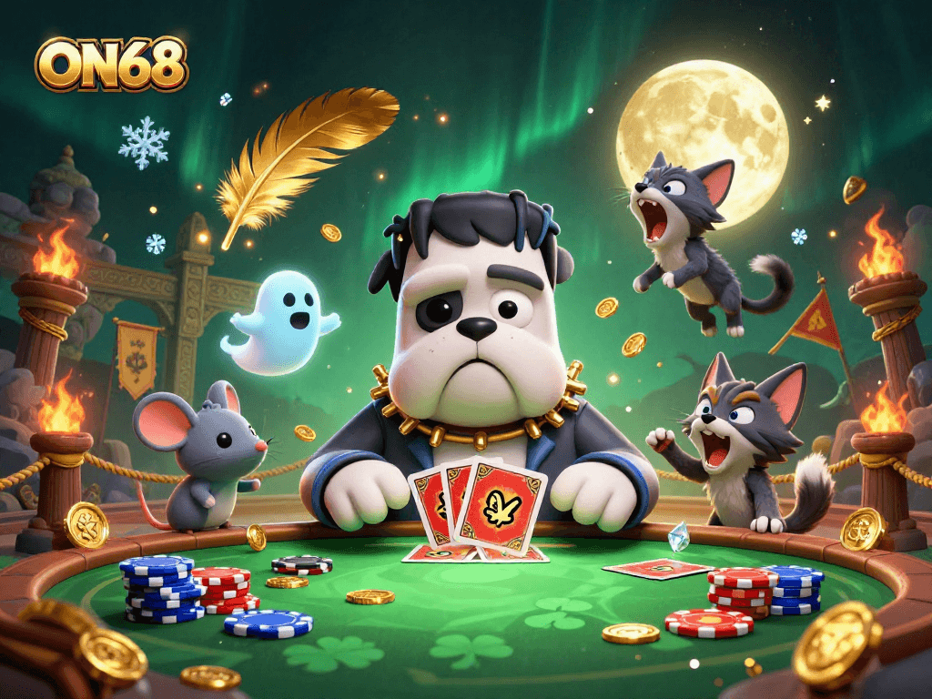 Engage in thrilling card games at ON68's spooky casino featuring unique 3D characters.