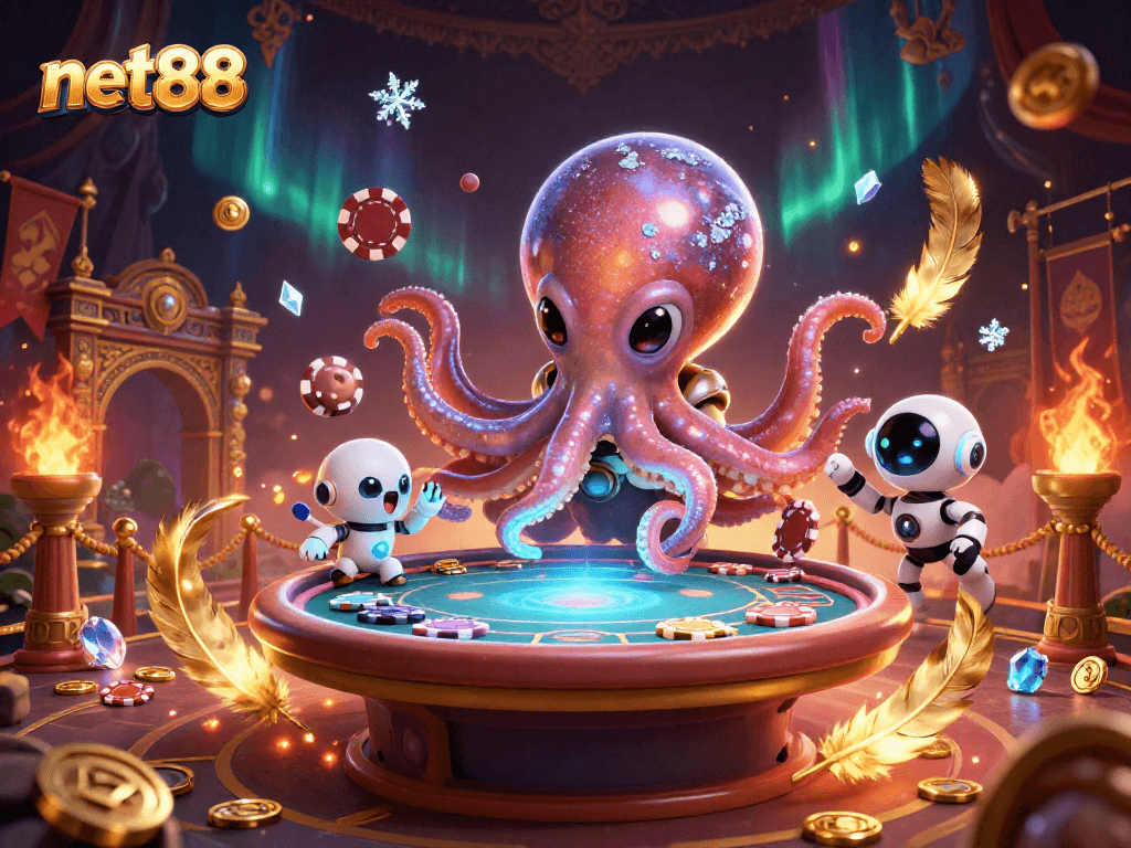 Experience thrilling poker action with net88 in a vibrant 3D scene featuring a futuristic alien octopus and dynamic gambling elements.