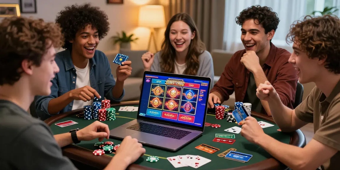 Explore credit card casinos with friends enjoying lively gaming on a laptop, vibrant atmosphere with casino items around.