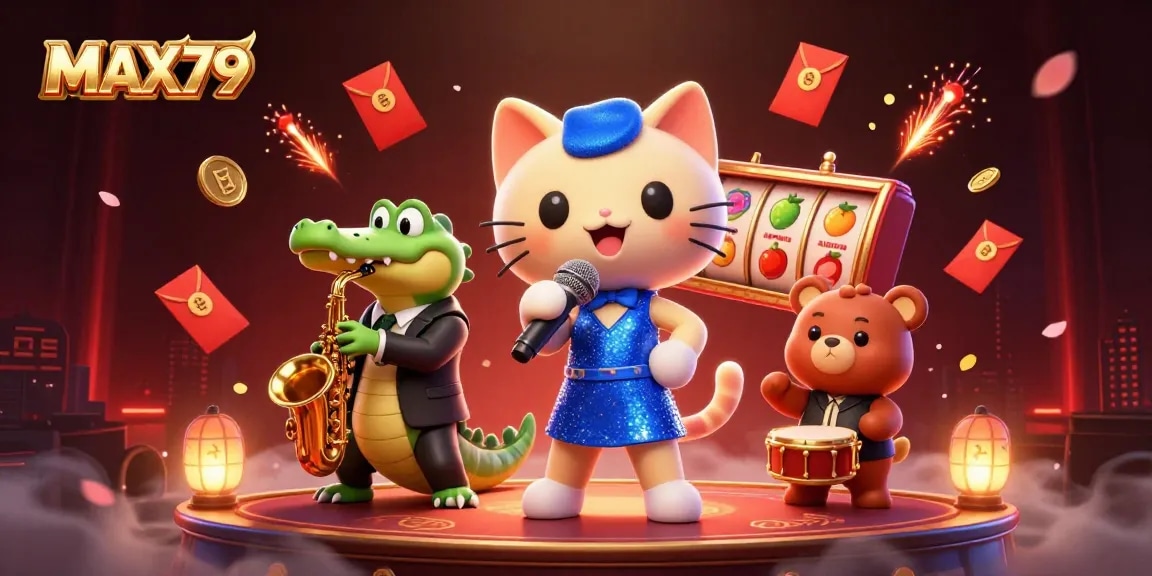 MAX79 showcases a lively 3D scene with a jazz-singer cat, saxophonist crocodile, and drummer bear cub celebrating casino life.