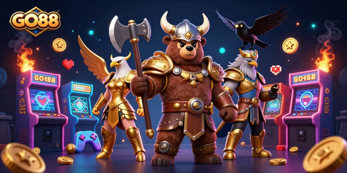 Experience GO88 gaming thrills with a 3D Viking and Valkyrie in an immersive illustration.