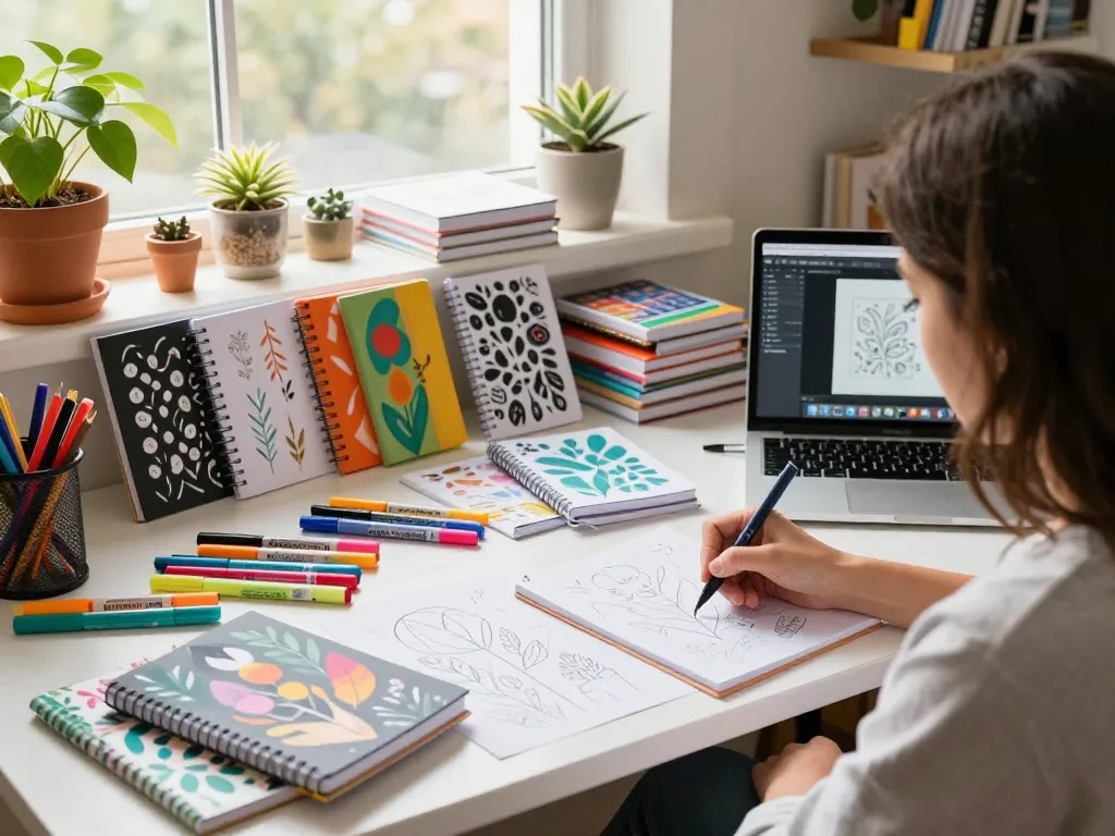 Artist designing custom printed notebooks in a colorful workspace filled with art supplies.