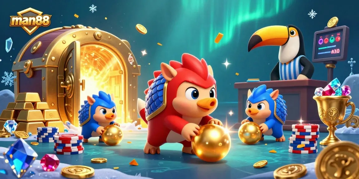 Vibrant action scene featuring man88 in a lively casino-inspired illustration with colorful pangolin characters.