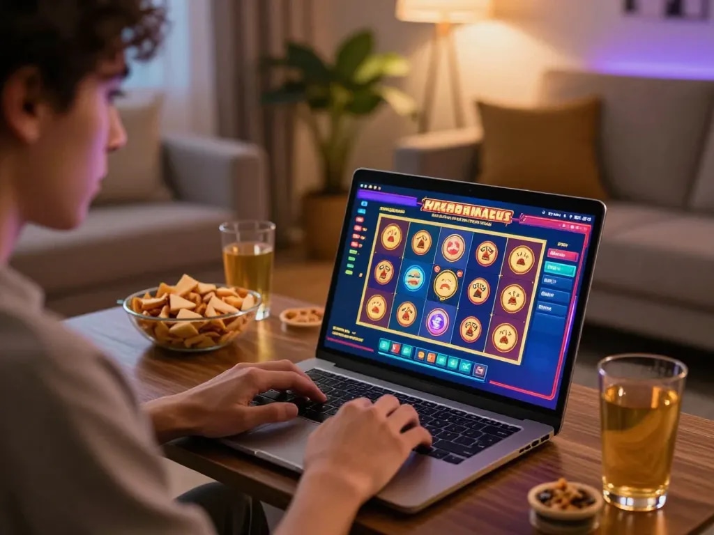 Engaging in Game nổ hũ uy tín on a laptop in a cozy living room, emphasizing responsible gaming.