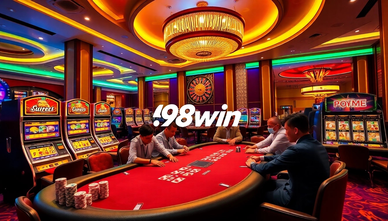 Engaged gamers playing poker at a luxurious casino table featuring 98win branding.