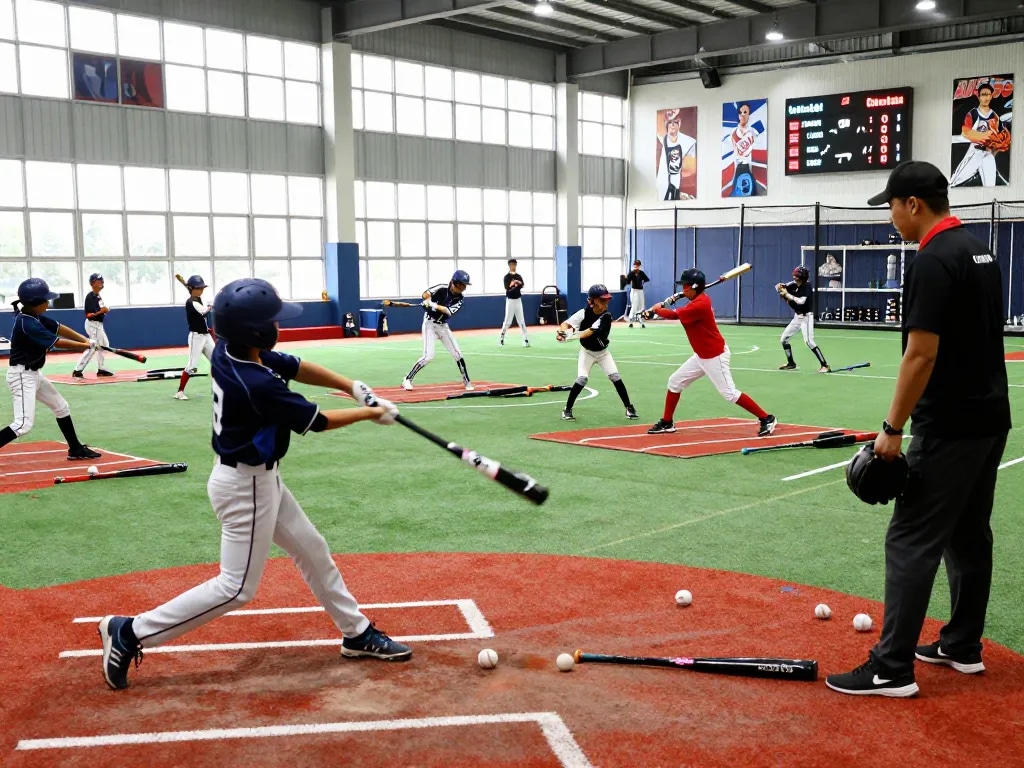 Young baseball players training at the hit club indoor facility, showcasing their skills and teamwork.
