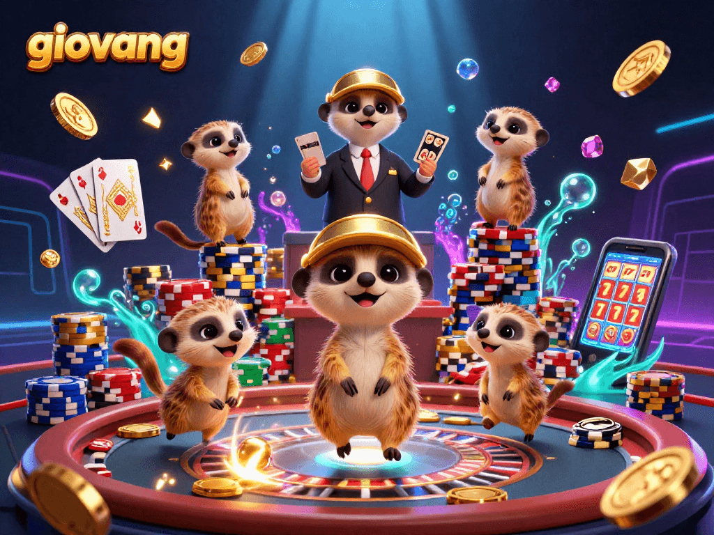 Giovang showcases a lively casino scene with meerkats enjoying vibrant games and sparkling gems.