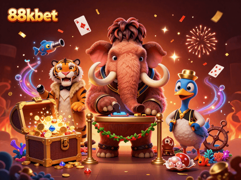 Experience thrilling gaming at 88kbet with a playful mammoth bouncer and exciting casino elements.