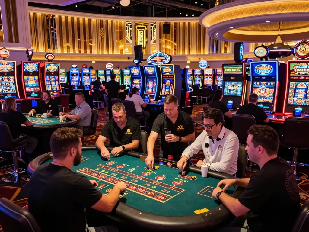 Exciting casino gameplay scene at https://mm88.green/ showcasing players at blackjack and roulette tables.